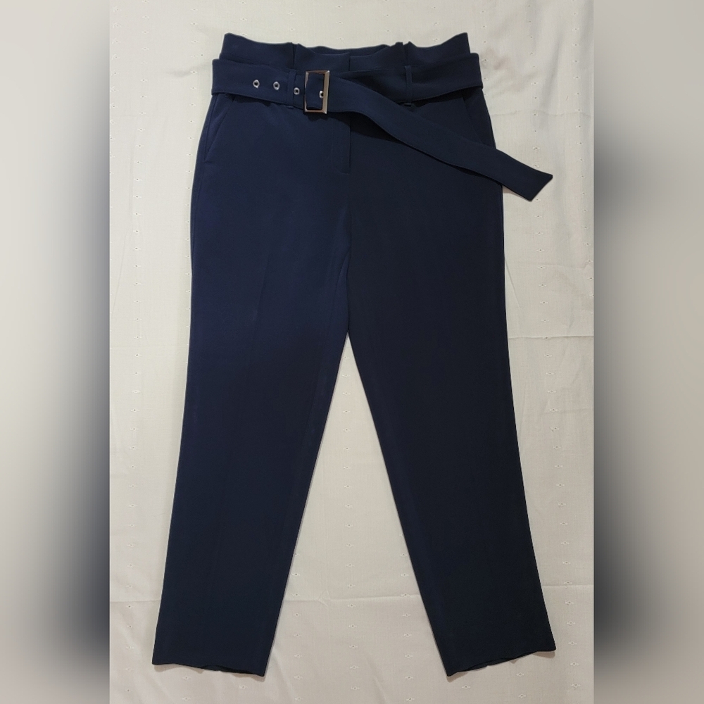 White House Black Market Tapered Ankle Pants Navy Blue Belted Size 6P